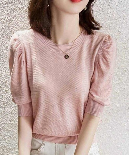 maison de LATIR（メゾンドラティール）の「パフスリーブ夏服半袖サマーニット（Tシャツ/カットソー・レディース・ホワイト/ブラック/ピンク・FREE）」の6枚目の写真