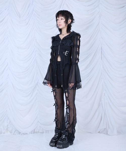 AVENCHUMU(アバンチュウム)の「Ribbon and stone front open tulle pants(その他パンツ・レディース・ブラック/ピンク・FREE)」の3枚目の写真