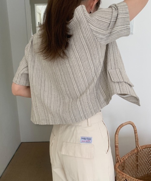 a lot of love(ア ロット オブ ラブ)の「ナチュラルストライプ ハーフスリーブジャケット(その他アウター・レディース・ベージュ/ブルー・FREE)」の4枚目の写真