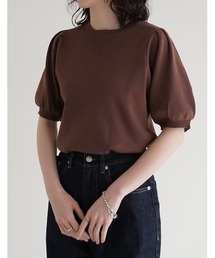 [二の腕カバー][涼感]レーヨンブレンドパフスリーブスポンジニットトップス