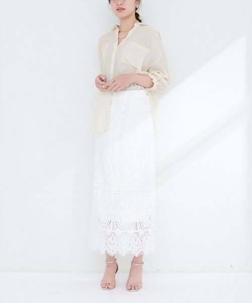 natural couture（ナチュラルクチュール）の「【WEB限定】スクエアパネルレーススカート（スカート・レディース・オフホワイト/ブラック・FREE）」の5枚目の写真
