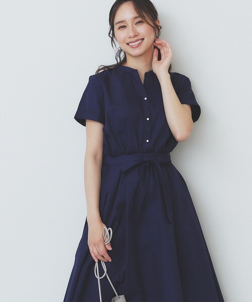 【美品】アナイ 幾何学柄タックワンピース フレア オーガンジー 紺 38 ANAYI/アナイ 幾何学柄タックワンピース オーガンジー ネイビー