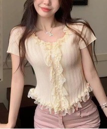 レースフリルフロントボタントップス