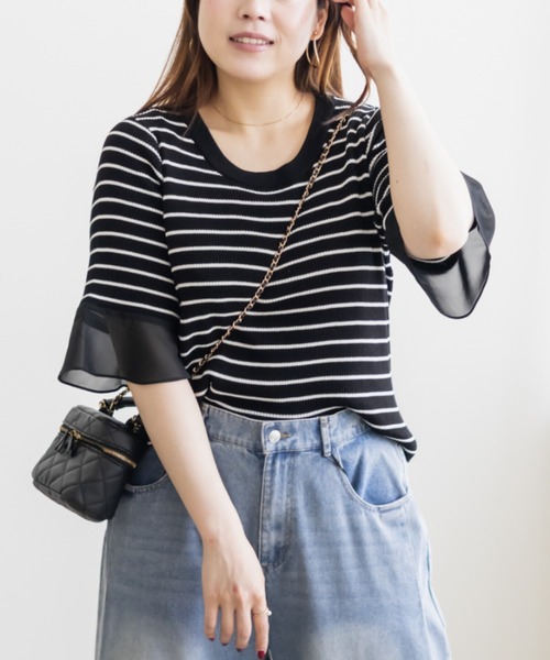 CLETTE(クレット)の「袖シフォンクルーネックニット(ニット/セーター・レディース・ホワイト系その他/オフホワイト/ブラック系その他/ブラック・LL/3L/4L)」の19枚目の写真