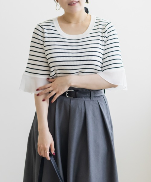 CLETTE(クレット)の「袖シフォンクルーネックニット(ニット/セーター・レディース・ホワイト系その他/オフホワイト/ブラック系その他/ブラック・LL/3L/4L)」の9枚目の写真