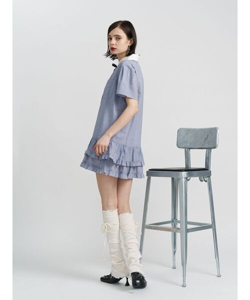 リボンタイヘムフリルチュニックシャツ リボンタイヘムフリルチュニックシャツ（シャツワンピース