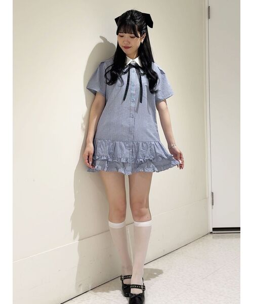 リボンタイヘムフリルチュニックシャツ（シャツワンピース