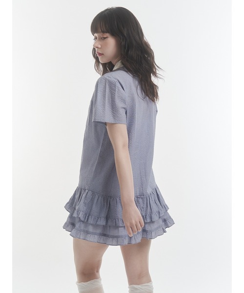 jouetie ヘムフリルチュニックシャツ ブルー 人気 セール】【再入荷】ヘムレースフリルチュニックシャツ（シャツ