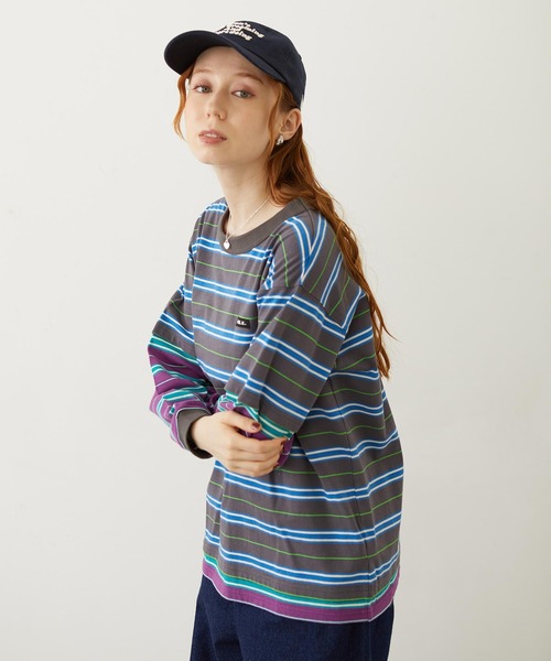 MILKFED.(ミルクフェド)の「LAYERED LOOK STRIPED TOP(Tシャツ/カットソー・レディース・ライトブルー/パープル/チャコール・ONE SIZE)」の2枚目の写真