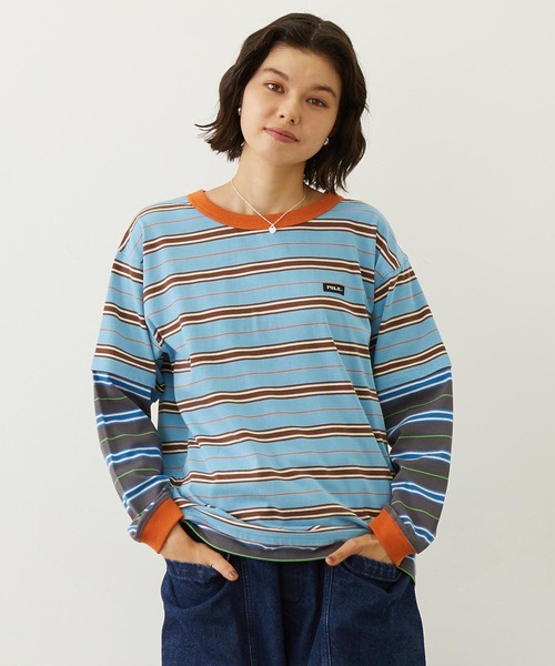 MILKFED.(ミルクフェド)の「LAYERED LOOK STRIPED TOP(Tシャツ/カットソー・レディース・ライトブルー/パープル/チャコール・ONE SIZE)」の1枚目の写真