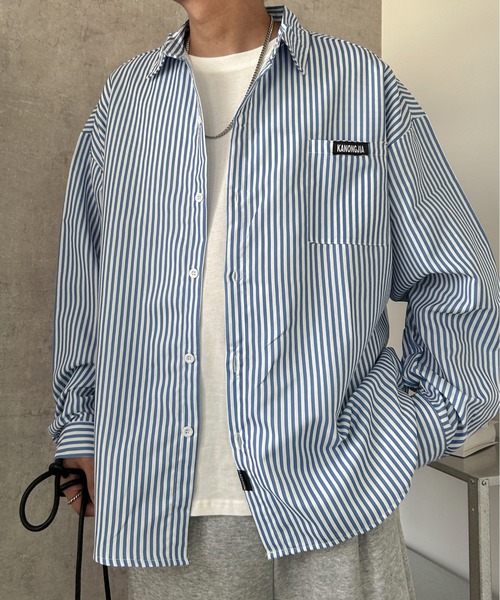 link lot(リンクロット)の「ストライプビッグシルエットシャツ(シャツ/ブラウス・メンズ・ブラック/ブルー・M)」の2枚目の写真