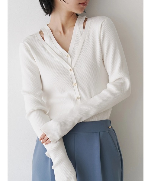 TONAL（トーナル）の「レイヤードリブニット（ニット/セーター・レディース・ライトブルー/オフホワイト/ブラウン・MEDIUM）」の2枚目の写真