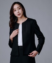 【洗えるスーツ／ストレッチ】ウール混ジャージ ノーカラージャケット