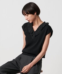 UNITED ARROWS グレー フリル長袖ニット ウール レイヤードニット ウォッシャブル