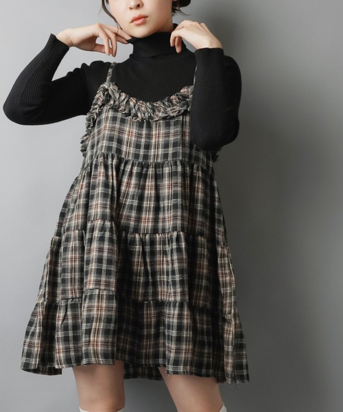 SPINNS（スピンズ）の「ティアードキャミワンピース/チェック/NEO森ガール（ワンピース・レディース・イエロー/バーガンディー/ブラック・ONESIZE）」の2枚目の写真