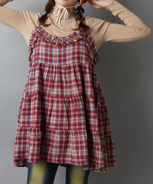 SPINNS（スピンズ）の「ティアードキャミワンピース/チェック/NEO森ガール（ワンピース・レディース・イエロー/バーガンディー/ブラック・ONESIZE）」の7枚目の写真