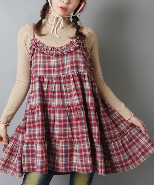 SPINNS（スピンズ）の「ティアードキャミワンピース/チェック/NEO森ガール（ワンピース・レディース・イエロー/バーガンディー/ブラック・ONESIZE）」の4枚目の写真