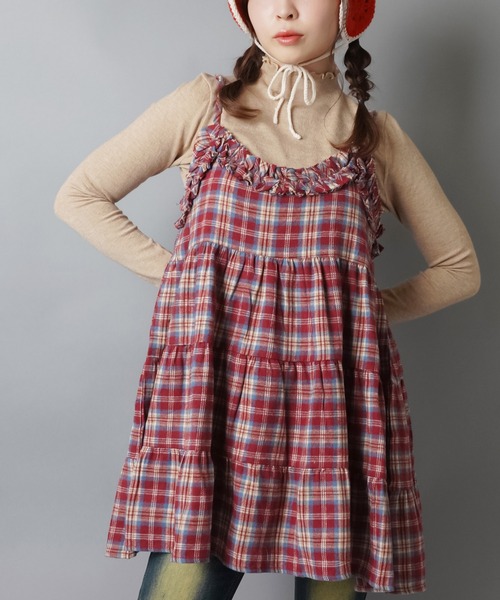 SPINNS（スピンズ）の「ティアードキャミワンピース/チェック/NEO森ガール（ワンピース・レディース・イエロー/バーガンディー/ブラック・ONESIZE）」の5枚目の写真