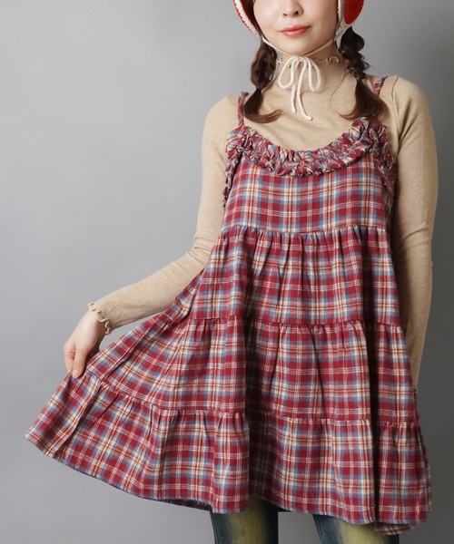 SPINNS（スピンズ）の「ティアードキャミワンピース/チェック/NEO森ガール（ワンピース・レディース・イエロー/バーガンディー/ブラック・ONESIZE）」の6枚目の写真