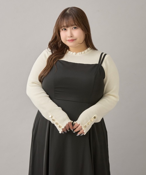 Louiosy(ルオシー)の「【大きいサイズ】袖ボタンフリルネックリブニット(ニット/セーター・レディース・オフホワイト/ブルー・4L/X-LARGE/3L)」の1枚目の写真