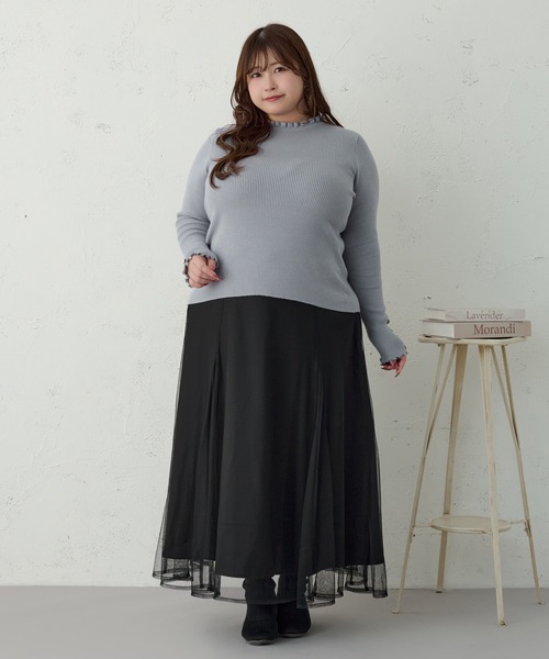 Louiosy(ルオシー)の「【大きいサイズ】袖ボタンフリルネックリブニット(ニット/セーター・レディース・オフホワイト/ブルー・4L/X-LARGE/3L)」の6枚目の写真