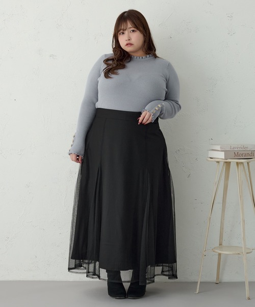Louiosy(ルオシー)の「【大きいサイズ】袖ボタンフリルネックリブニット(ニット/セーター・レディース・オフホワイト/ブルー・4L/X-LARGE/3L)」の7枚目の写真