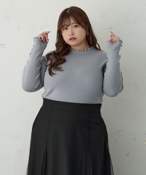 Louiosy(ルオシー)の「【大きいサイズ】袖ボタンフリルネックリブニット(ニット/セーター・レディース・オフホワイト/ブルー・4L/X-LARGE/3L)」の12枚目の写真