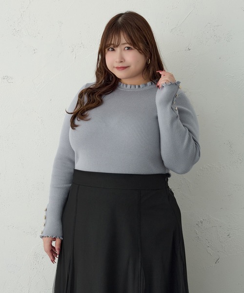 Louiosy(ルオシー)の「【大きいサイズ】袖ボタンフリルネックリブニット(ニット/セーター・レディース・オフホワイト/ブルー・4L/X-LARGE/3L)」の13枚目の写真