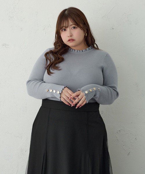 Louiosy(ルオシー)の「【大きいサイズ】袖ボタンフリルネックリブニット(ニット/セーター・レディース・オフホワイト/ブルー・4L/X-LARGE/3L)」の14枚目の写真
