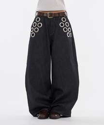 WISH FOR EVER(ウィッシュフォーエバー)のASSORT EYELET DESIGN CURVE WIDE PANTS / アソートアイレットデザイカーブワイドパンツ(デニムパンツ)