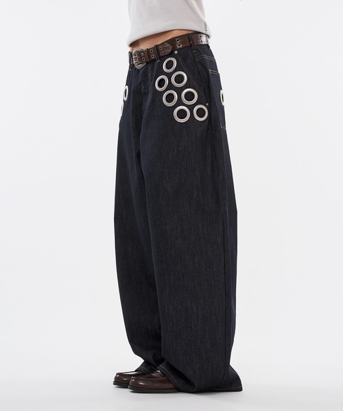 WISH FOR EVER(ウィッシュフォーエバー)の「ASSORT EYELET DESIGN CURVE WIDE PANTS / アソートアイレットデザイカーブワイドパンツ(デニムパンツ・メンズ・ライトブルー/インディゴブルー・SMALL/LARGE/MEDIUM)」の7枚目の写真
