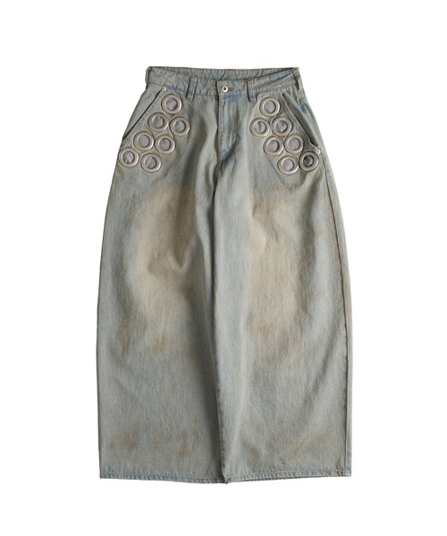 WISH FOR EVER(ウィッシュフォーエバー)の「ASSORT EYELET DESIGN CURVE WIDE PANTS / アソートアイレットデザイカーブワイドパンツ(デニムパンツ・メンズ・ライトブルー/インディゴブルー・SMALL/LARGE/MEDIUM)」の3枚目の写真
