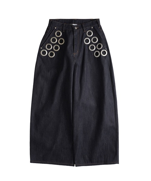 WISH FOR EVER(ウィッシュフォーエバー)の「ASSORT EYELET DESIGN CURVE WIDE PANTS / アソートアイレットデザイカーブワイドパンツ(デニムパンツ・メンズ・ライトブルー/インディゴブルー・SMALL/LARGE/MEDIUM)」の5枚目の写真