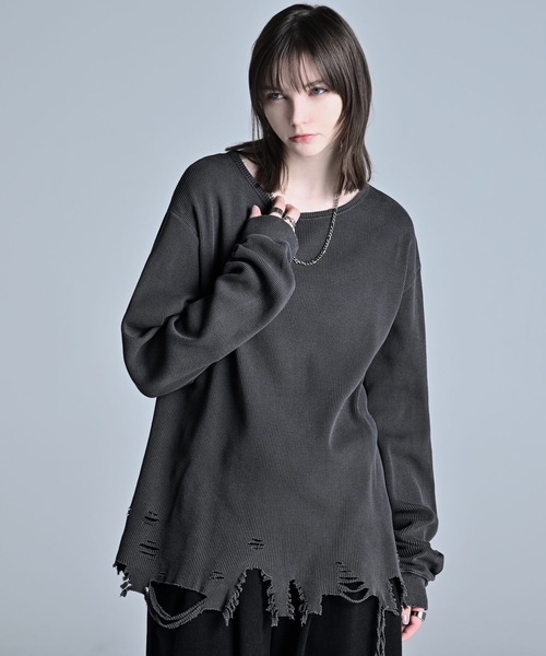 waffle damage long-T / ワッフルダメージロンT（Tシャツ/カットソー