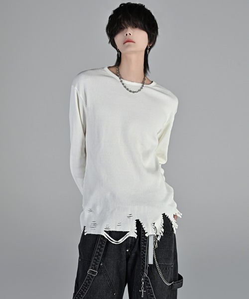 ADRER（アドラー）の「waffle damage long-T / ワッフルダメージロンT（Tシャツ/カットソー・メンズ・オフホワイト/グレー/ブラック・XS/S/M/L）」の5枚目の写真