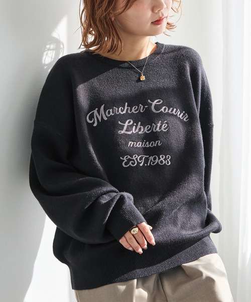 【新品】レザレクション メニーロゴ セーター サイズＬ　ブラック レディース セール】【洗える】チェーンステッチロゴニットプルオーバー（ニット