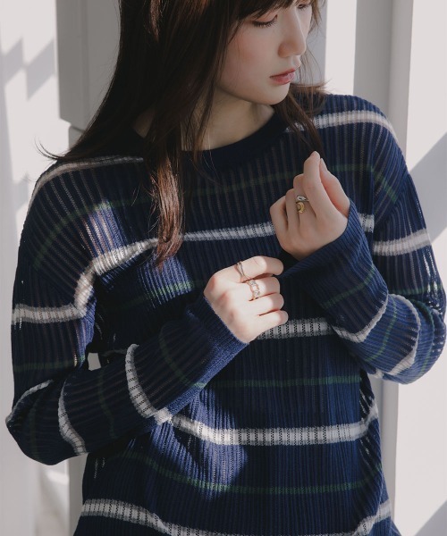 slattgir(スラットジール)の「高身長 透かし編みボーダーニット(トールサイズ)Essenave(ニット/セーター・レディース・ネイビー/グレー・TM/TL/TLL/T3L)」の2枚目の写真