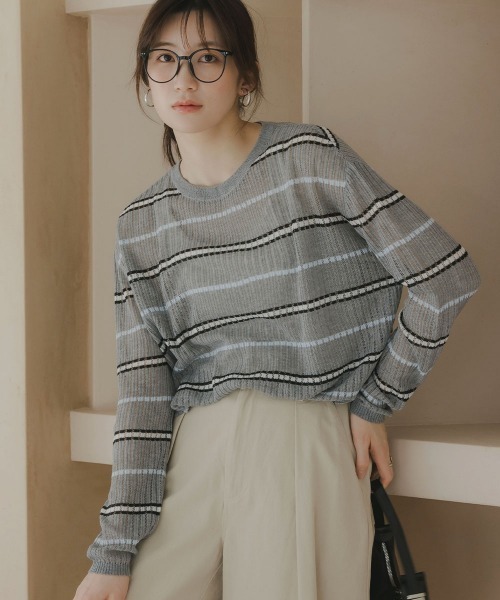 slattgir(スラットジール)の「高身長 透かし編みボーダーニット(トールサイズ)Essenave(ニット/セーター・レディース・ネイビー/グレー・TM/TL/TLL/T3L)」の1枚目の写真