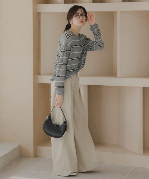 slattgir(スラットジール)の「高身長 透かし編みボーダーニット(トールサイズ)Essenave(ニット/セーター・レディース・ネイビー/グレー・TM/TL/TLL/T3L)」の4枚目の写真