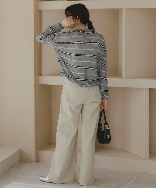 slattgir(スラットジール)の「高身長 透かし編みボーダーニット(トールサイズ)Essenave(ニット/セーター・レディース・ネイビー/グレー・TM/TL/TLL/T3L)」の5枚目の写真