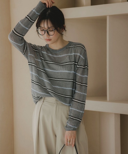 slattgir(スラットジール)の「高身長 透かし編みボーダーニット(トールサイズ)Essenave(ニット/セーター・レディース・ネイビー/グレー・TM/TL/TLL/T3L)」の6枚目の写真