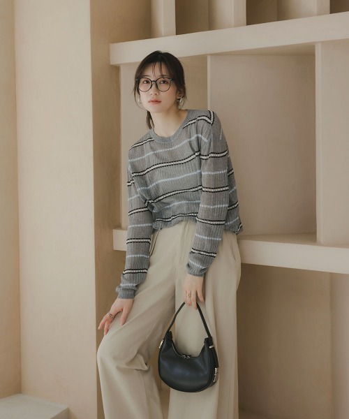 slattgir(スラットジール)の「高身長 透かし編みボーダーニット(トールサイズ)Essenave(ニット/セーター・レディース・ネイビー/グレー・TM/TL/TLL/T3L)」の7枚目の写真