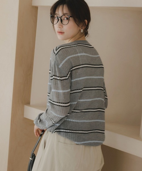 slattgir(スラットジール)の「高身長 透かし編みボーダーニット(トールサイズ)Essenave(ニット/セーター・レディース・ネイビー/グレー・TM/TL/TLL/T3L)」の8枚目の写真