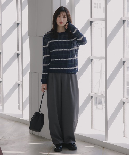 slattgir(スラットジール)の「高身長 透かし編みボーダーニット(トールサイズ)Essenave(ニット/セーター・レディース・ネイビー/グレー・TM/TL/TLL/T3L)」の9枚目の写真