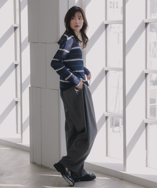 slattgir(スラットジール)の「高身長 透かし編みボーダーニット(トールサイズ)Essenave(ニット/セーター・レディース・ネイビー/グレー・TM/TL/TLL/T3L)」の10枚目の写真