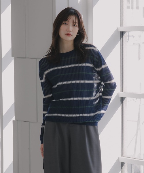 slattgir(スラットジール)の「高身長 透かし編みボーダーニット(トールサイズ)Essenave(ニット/セーター・レディース・ネイビー/グレー・TM/TL/TLL/T3L)」の12枚目の写真