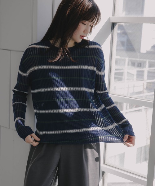 slattgir(スラットジール)の「高身長 透かし編みボーダーニット(トールサイズ)Essenave(ニット/セーター・レディース・ネイビー/グレー・TM/TL/TLL/T3L)」の13枚目の写真