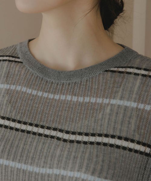 slattgir(スラットジール)の「高身長 透かし編みボーダーニット(トールサイズ)Essenave(ニット/セーター・レディース・ネイビー/グレー・TM/TL/TLL/T3L)」の14枚目の写真