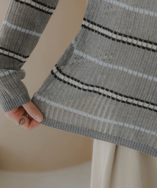 slattgir(スラットジール)の「高身長 透かし編みボーダーニット(トールサイズ)Essenave(ニット/セーター・レディース・ネイビー/グレー・TM/TL/TLL/T3L)」の16枚目の写真