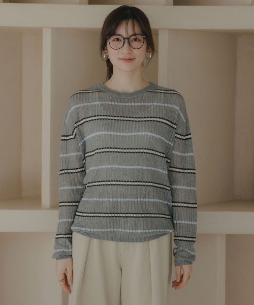 slattgir(スラットジール)の「高身長 透かし編みボーダーニット(トールサイズ)Essenave(ニット/セーター・レディース・ネイビー/グレー・TM/TL/TLL/T3L)」の18枚目の写真